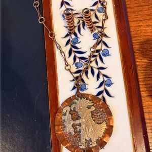 Vintage Mexican Copper Pendant Necklace with Aztec pre-Columbian Design 50s 60s